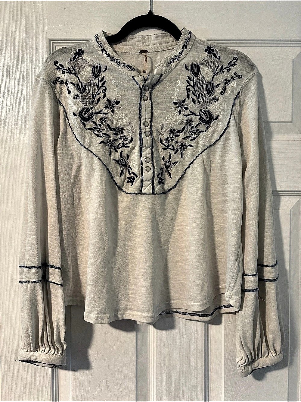 Free People Sundance Henley Top Floral Tunic White & Blue Medium